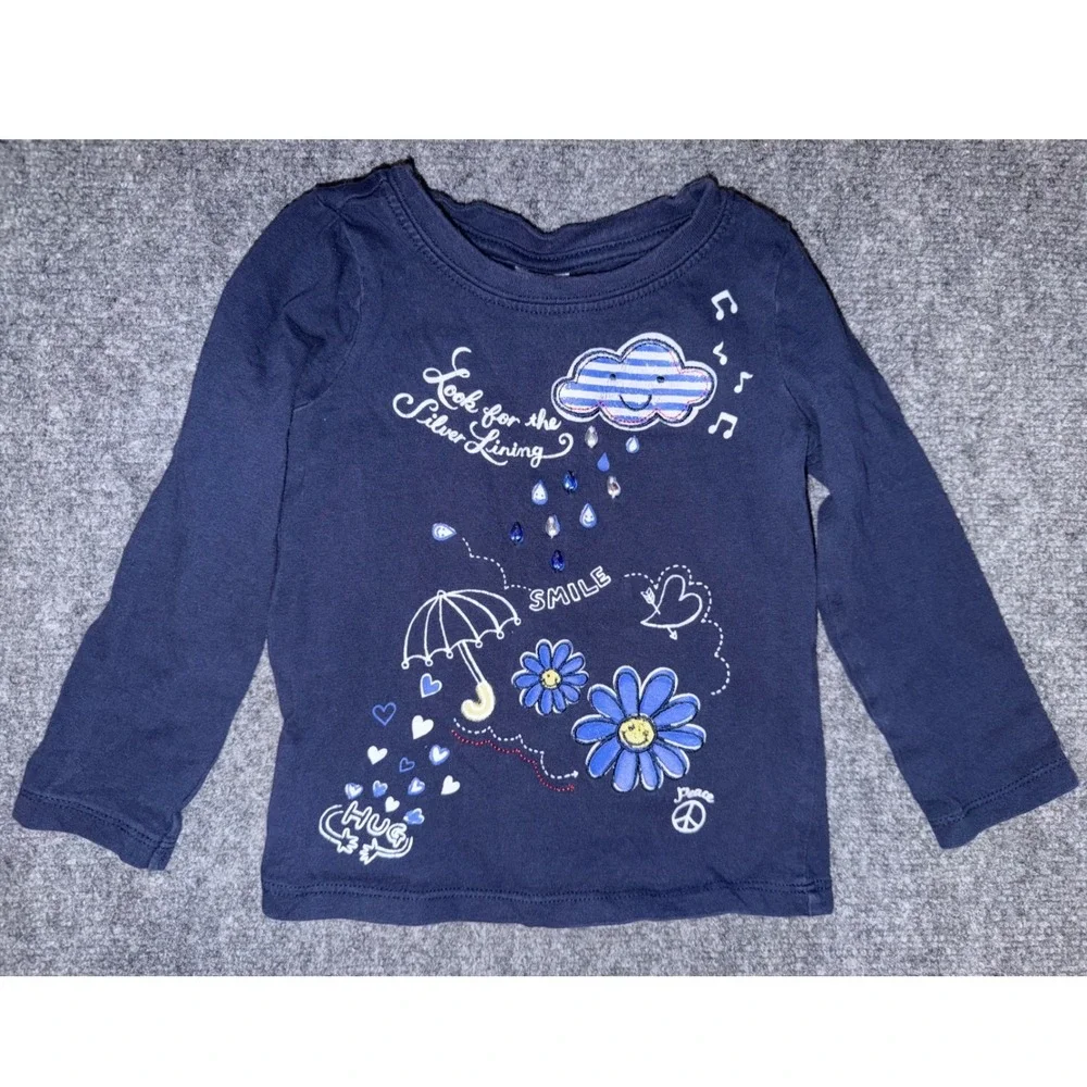 Gymboree Girls Navy Blue Silver Lining Cloud Flower Long Sleeve Graphic Tee 3